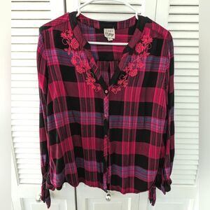 COMO Vintage Top Women's XL Soft Boho Plaid V-neck Shirt Embroidery Pink/Black